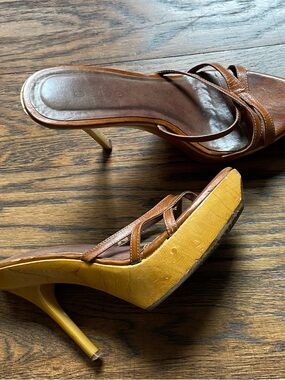 bebe Brown Leather Strappy Heels with Yellow Platform